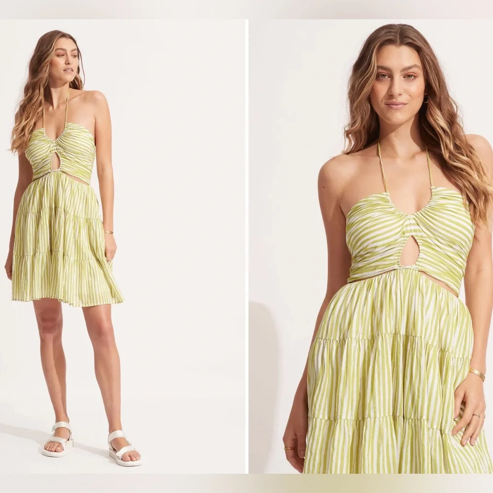 NWT Seafolly Stripe Tier Mini Dress Soft Olive Green Yelloow White Sz S